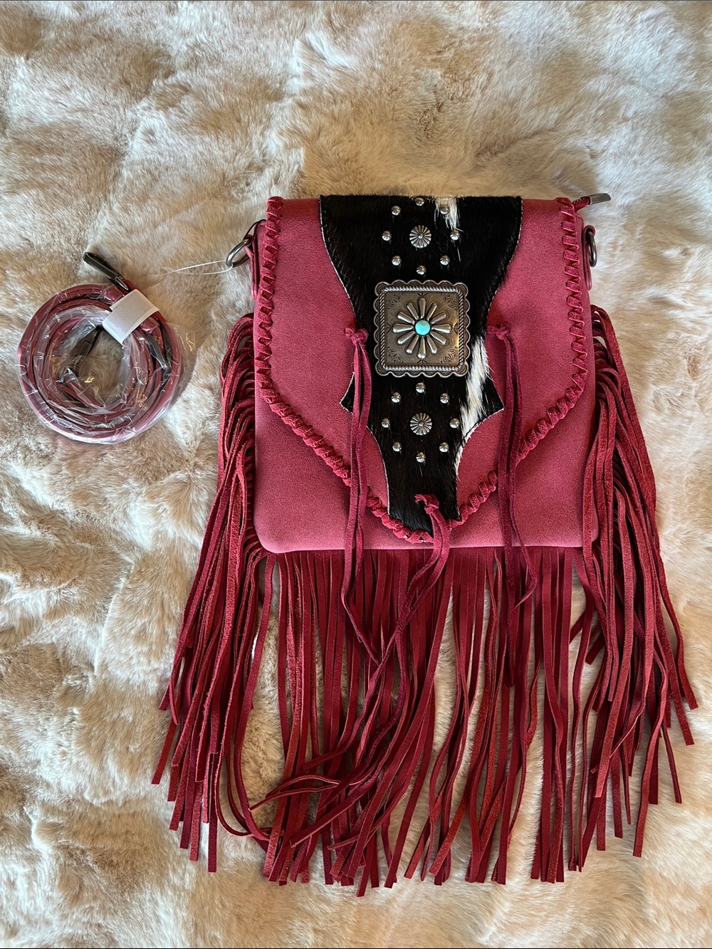Trinity Ranch Fringed Western Crossbody Bag in Deep Wine Red